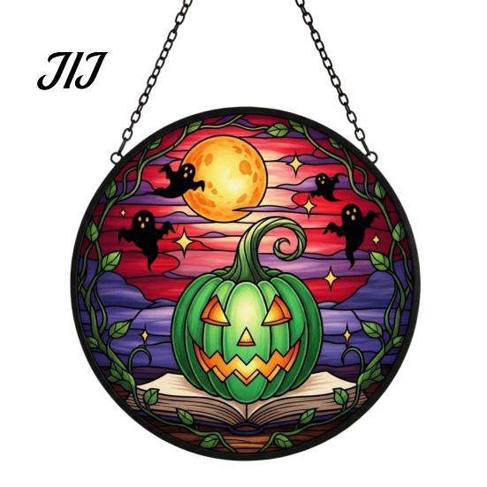 Decorative Hanging Ornaments for Windows Halloween Pumpkin Suncatcher, Stained Glass Style Round Window Ornament, Acrylic Decorations Full Moon