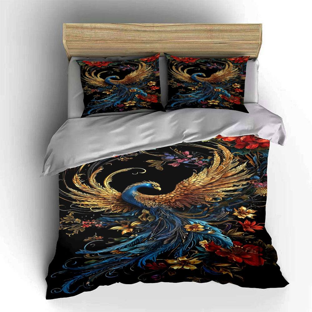Golden phoenix with flowers. Bedding sets Duvet cover sets Duvet covers Pillowcases(1 * Duvet Cover 2 * Pillowcases without duvet insert)