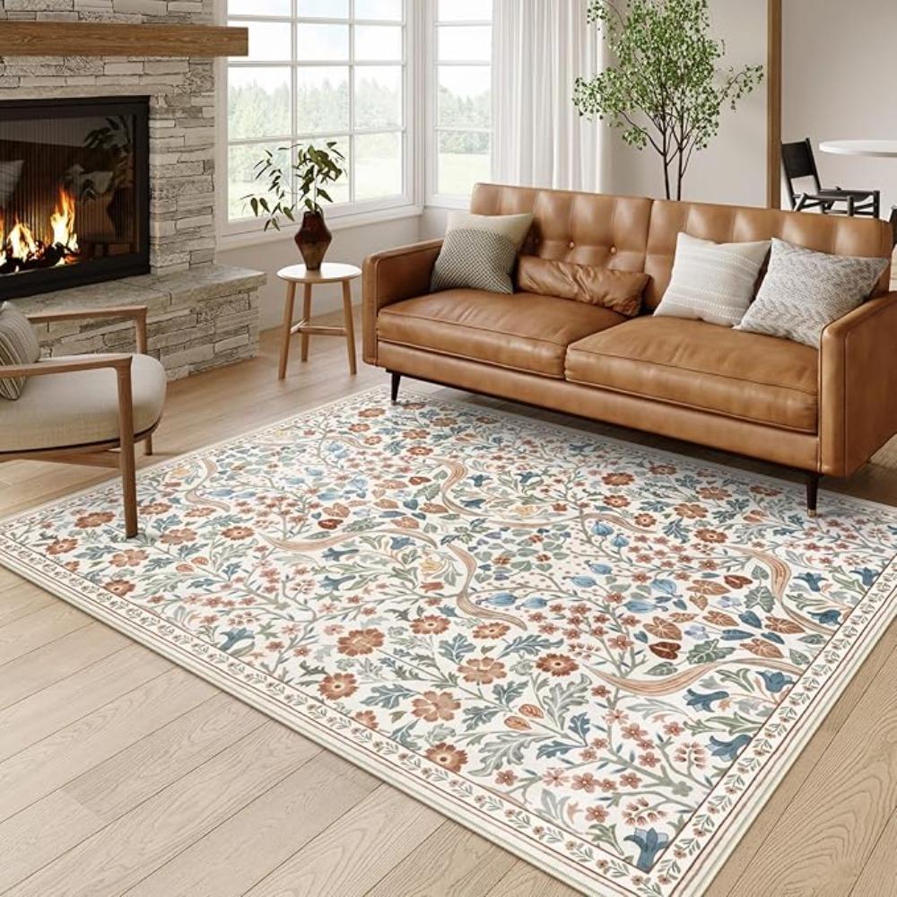Floral Carpet Mat Rug Beige Green Vine Pattern with Colorful Flower Design Soft Floor Mat for Living Room Home Decoration Carpet