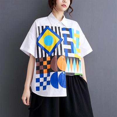 DIMANAF Plus Size New Summer Style 2025 Blouse Vintage Retro Design Short Sleeve Print Casual Shirt Women Loose Shirt Print Shirt