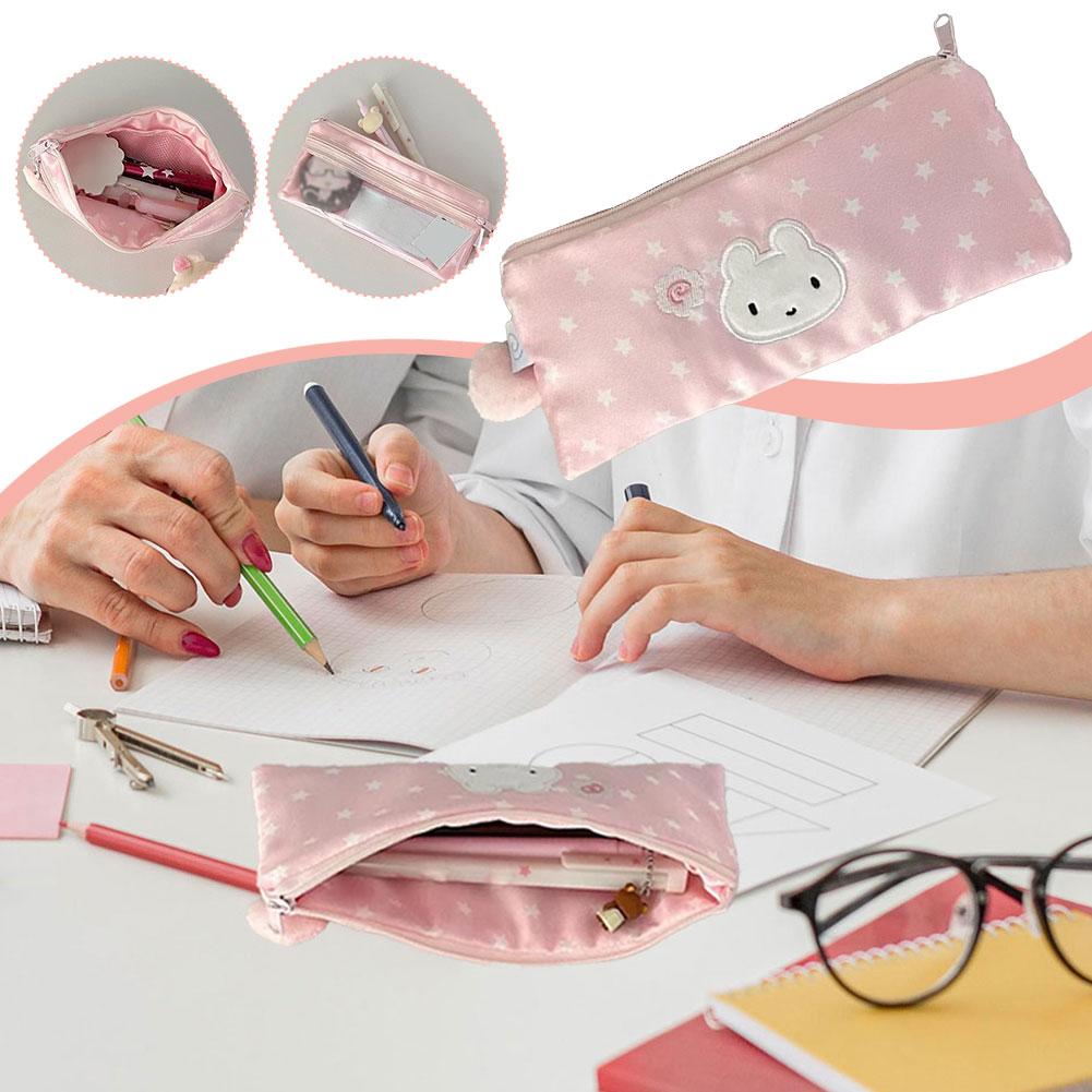 Cartoon Pink Pen Bag Star Rabbit Pattern Large Capacity Pencil Container Bag Zipper Design Stationery Storing Bag Gifts
