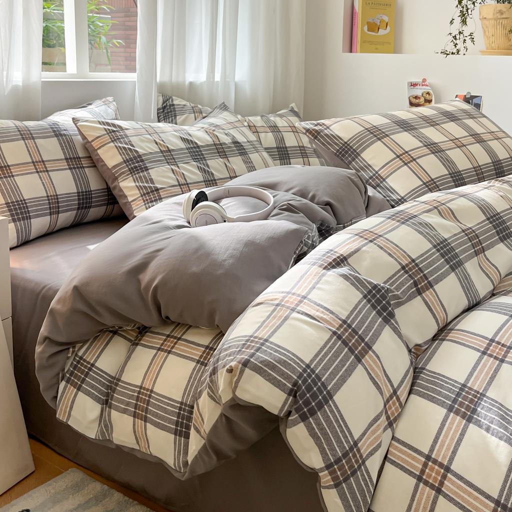 3/4 Pcs Blue Checkered Bedding Set Simple Style Soft Skin Friendly Duvet Cover Flat Sheet and Pillowcases Single Double Bed Sets