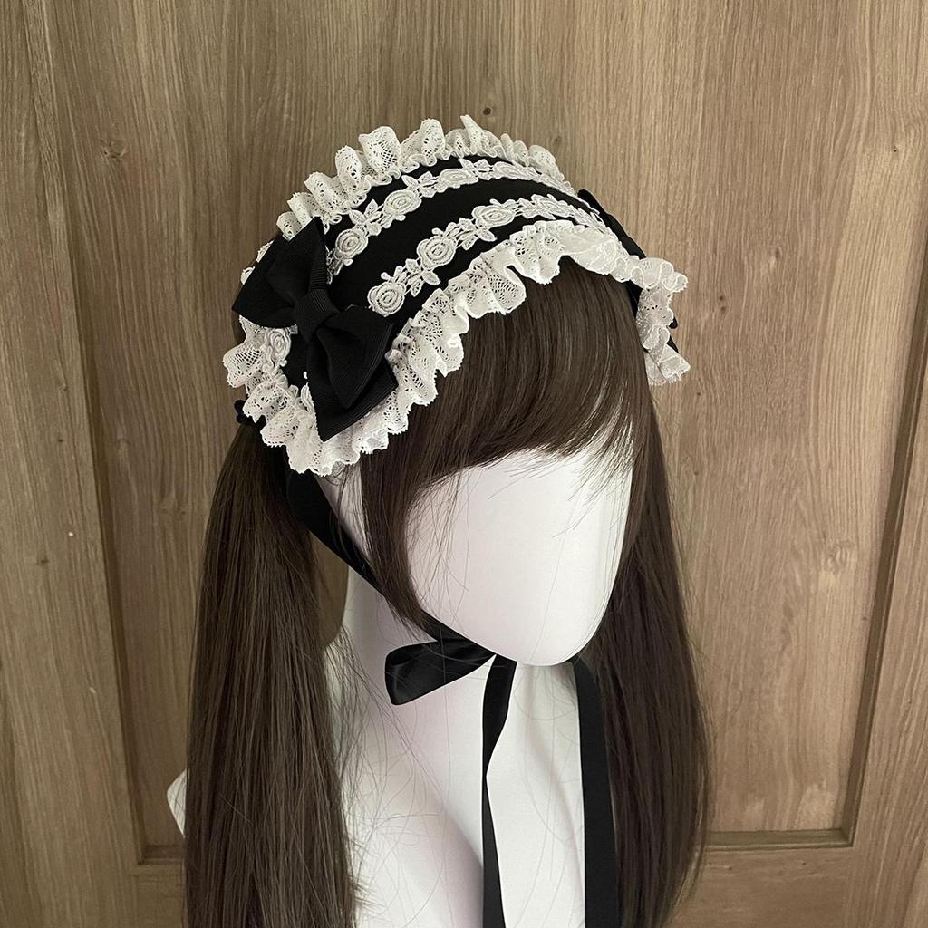 Classic Maid Lolita Hairband, Black & White Rose Embroidery Lace Headpiece, Sweet Gothic Lolita Bow Headdress with Long Ribbons