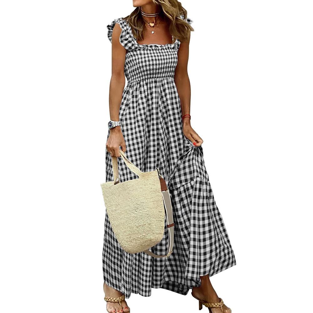 Женское летнее платье нового стиля, сладкое, американский воротник, в клетку, длинное S