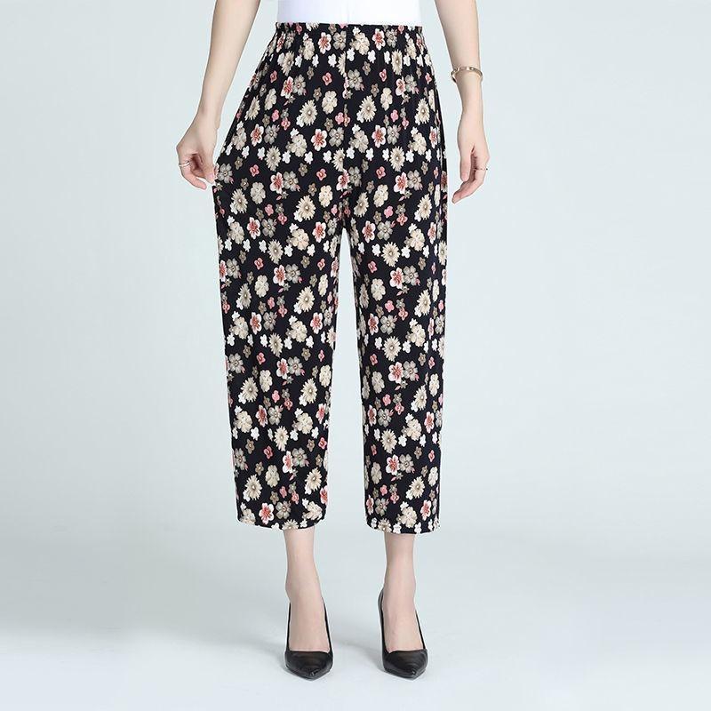 Women's   Summer Ice Silk Home Pants Loose Printed Jogger Pants High Waist Thin Casual Cropped Pants