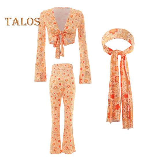 3 Pcs/Set Women Stage Performance Suit V Neck Lace-up Long Sleeves Cropped Top High Waist Flared Hem Trousers Printed Headband Retro Disco Party