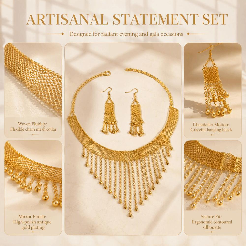 Mesh Chain Bridal Jewelry Set Long Tassel Gold Plated Zinc Zinc Alloy Set Necklace Earrings Set Anniversary