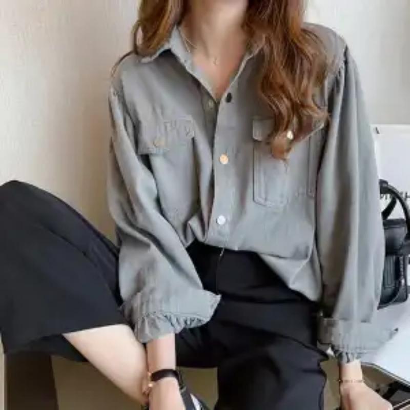 

Французская ретро джинсовая рубашка для женщин весна и осень новый дизайн свободный и зарубежный стиль топ S серый