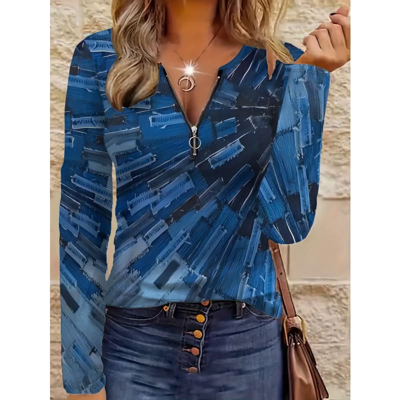 Women's Creative Printed Zipper Long-sleeved T-shirt, Breathable, Soft and Comfortable, Suitable for All-year-round Casual Wear