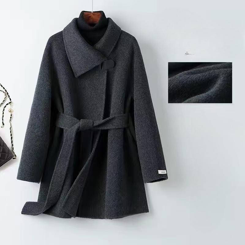 Elegant Double-Faced Velvet Wool Coat for Women: Fashionable, Slim-Fit, Tie-Front Jacket
