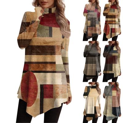 Casual Fashion Retro Print Shirt Tops High Neck Irregular Hem Long Sleeve Pullover Tops