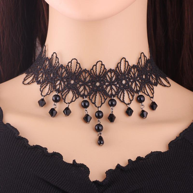 Party Black Beaded Flowers Sexy Lace Neck Choker Necklace Tassel Chain Women Halloween Jewelry