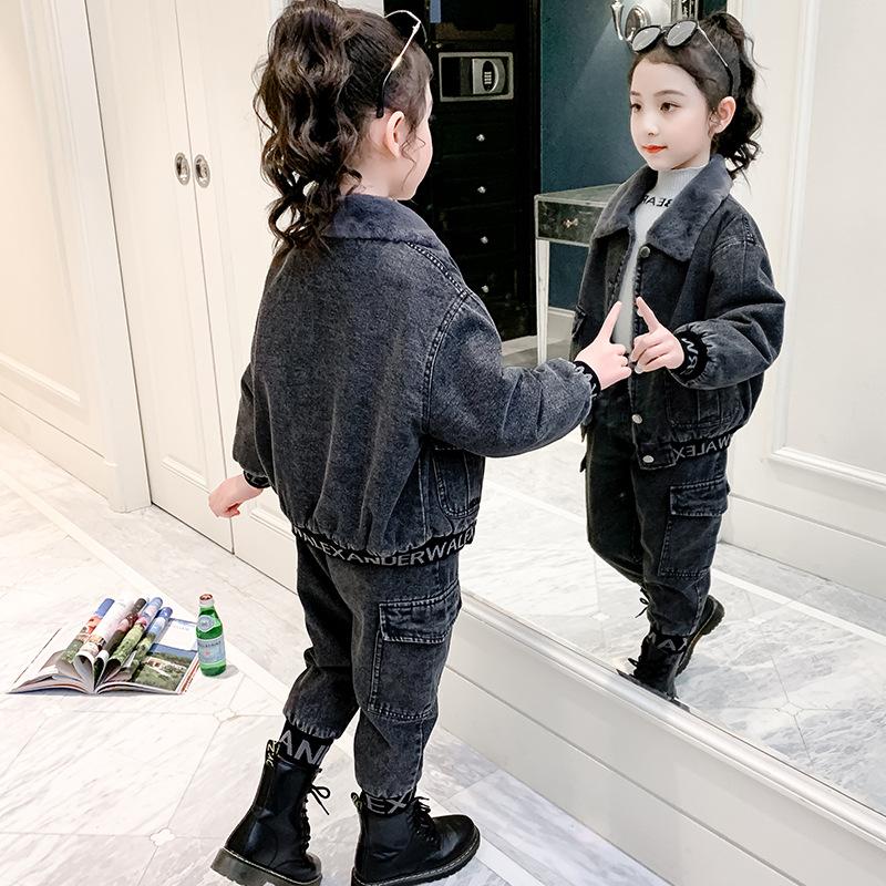 Girl's Clothing Set Girls Thickening Denim Sets Fashion Two-piece Suits Denim Jacket and Pant 2pcs Suit Plue Velvet