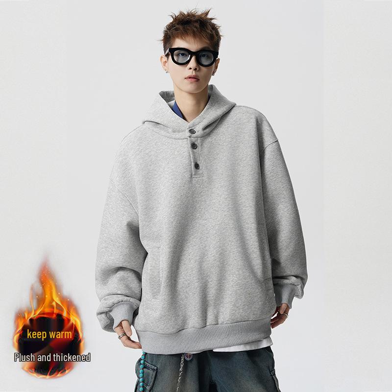 Unisex Retro Heavyweight Fleece-Lined Button-Up Hoodie: Trendy and Loose Fit