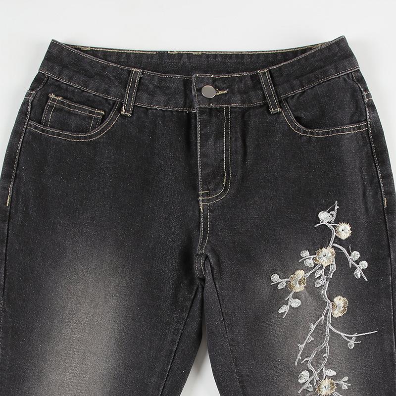 Blumenstickerei Jeans Vintage Niedrige Taille Schlagjeans Damen Retro Y2k Baggy Denim Hose High Street Basic Hose