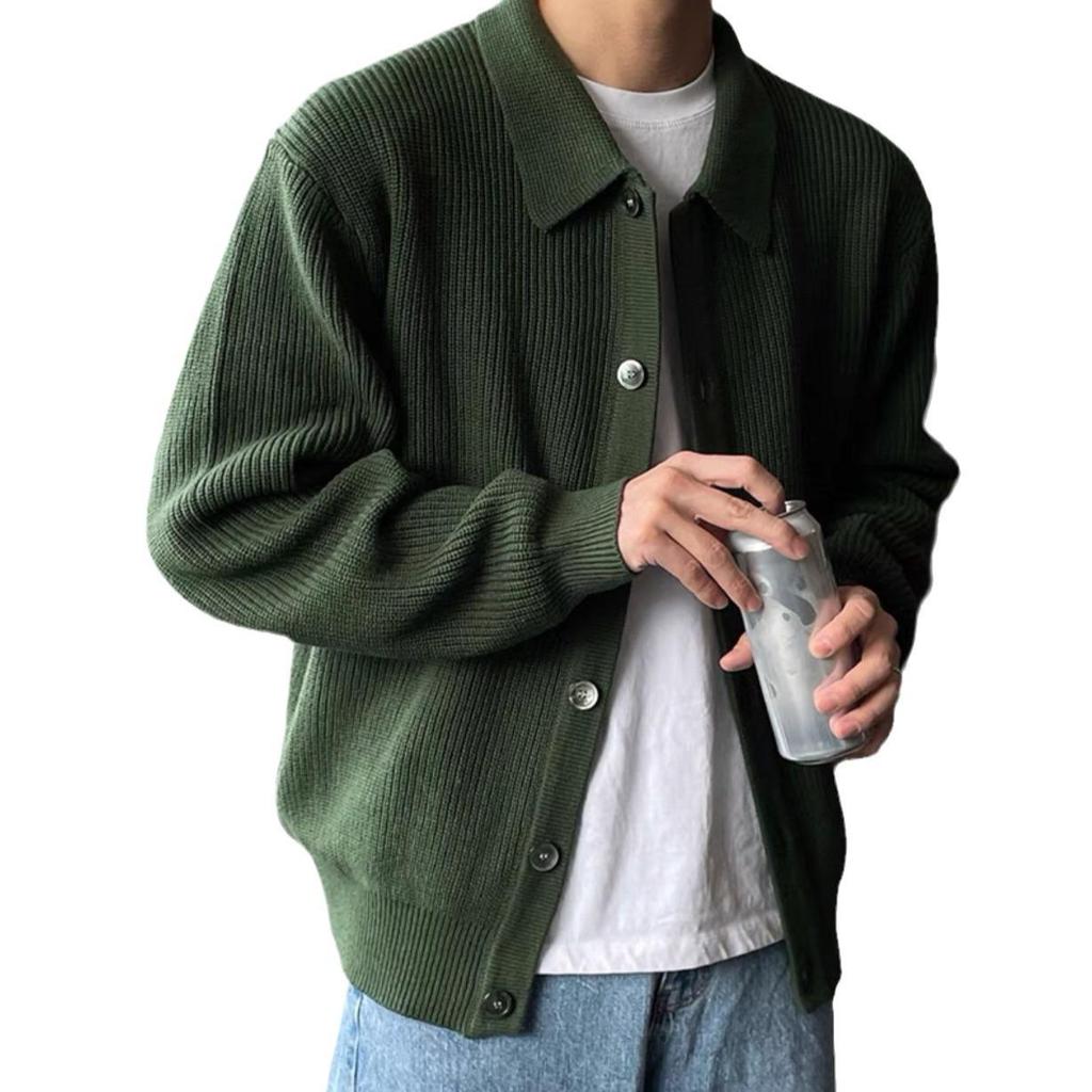 Men's Korean Style Bright Red Knit Cardigan - Autumn/Winter, Year of the Rabbit Edition, with Lapel and Solid Color Design.