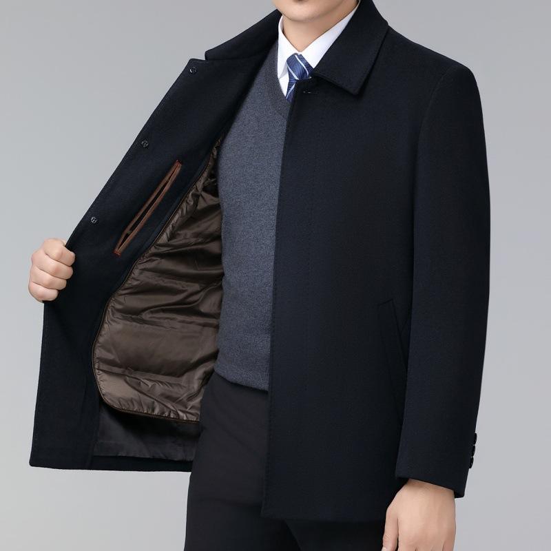 New winter cashmere coat for men, medium and long, removable down liner lapel top, middle-aged and elderly pure wool coat
