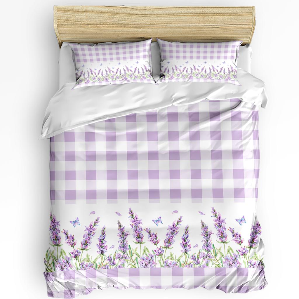 Lila Blume Lavendel Weiß Bettbezug mit Kissenbezug Kundenspezifisches 3-teiliges Bettwäscheset Steppdeckenbezug Doppelbett Heimtextil
