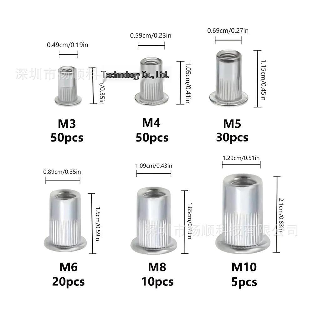 165-Piece Stainless Steel Rivet Nut Kit (M3-M10, Flat Head, Knurled)