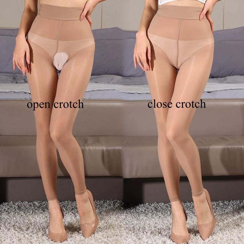 

M Xl Plus Size 10D Oil Shiny Transparent Tights Sexy Footless Open Crotch Pantyhose Glossy Anti Hook Stockings Party Hosiery M Close Crotch