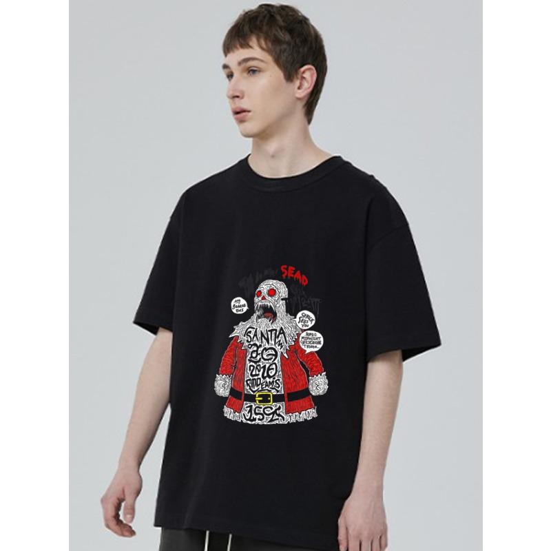 Black T Shirt with Santa Claus Skull Design and Text for Casual Wear