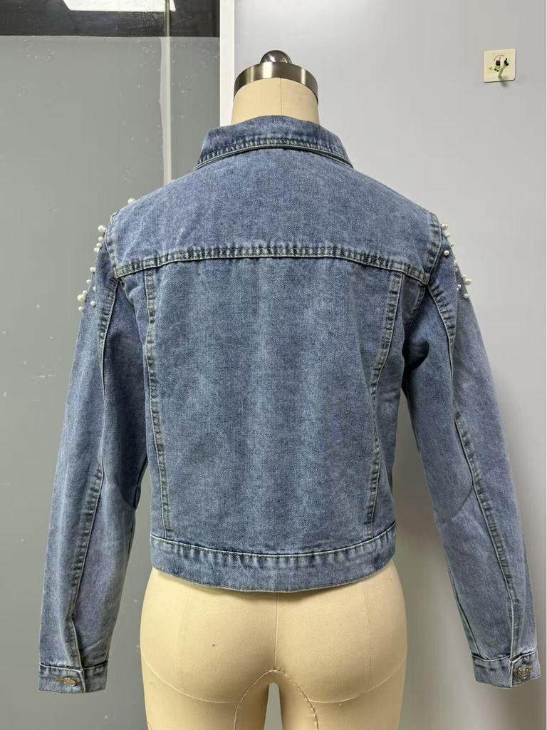Jachetă Scurtă din Denim cu Mărgele Perlate Stil European și American - Top pentru Femei