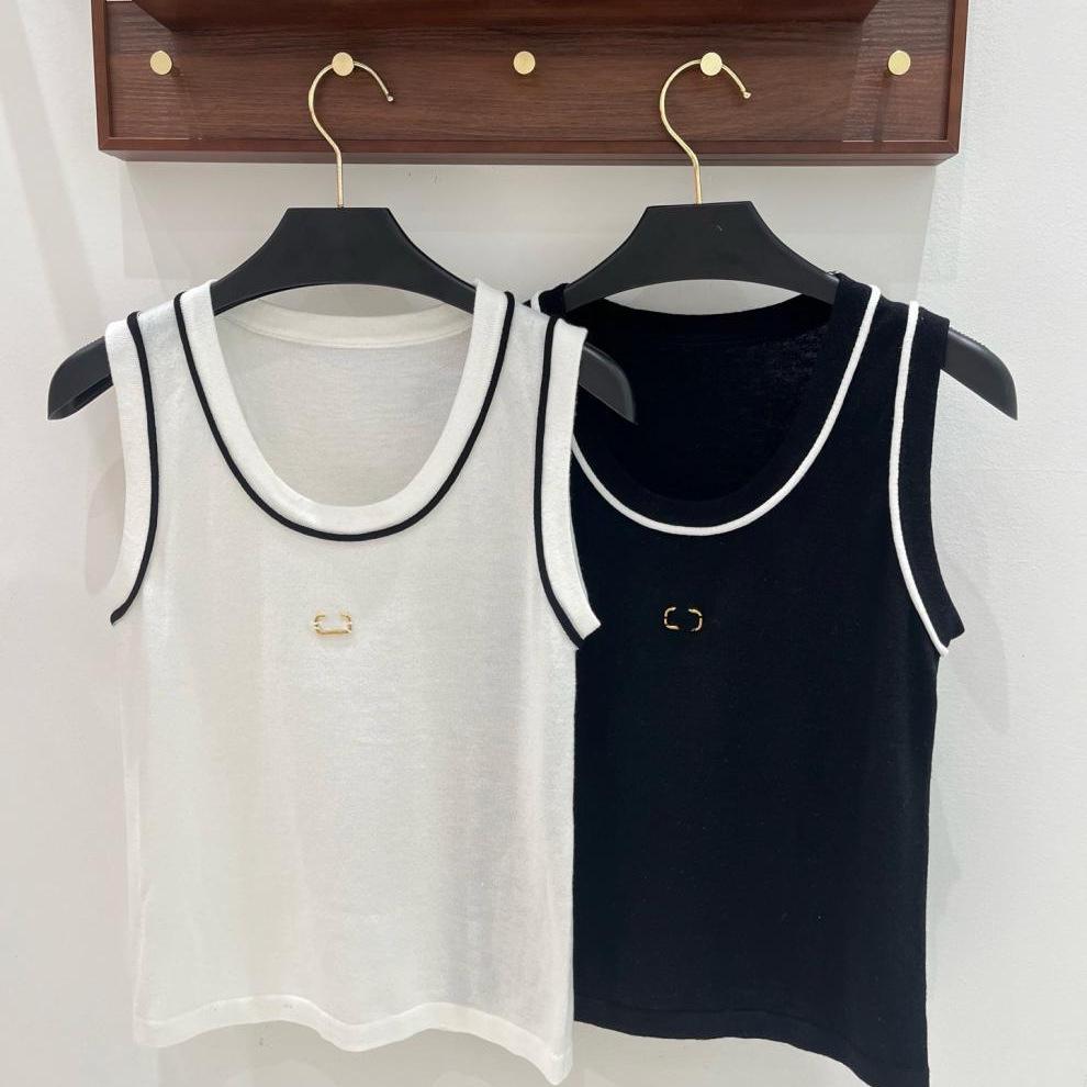 European Gold Embroidered Knit Vest – Slim Fit, Round Neck, Contrast Edge.