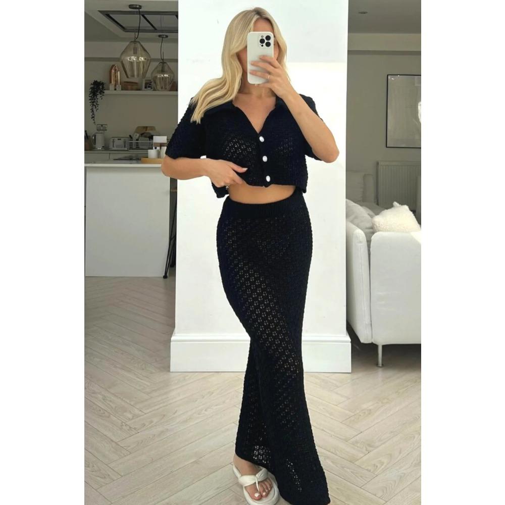 GMXIA Summer Spring Knitted Hook Flower Set Skirt Multi-color Cardigan Buckle Skirt All Match Set