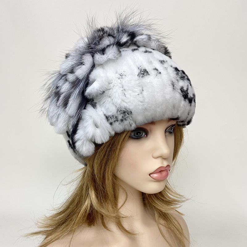 New Luxury Women Fur Hat For Winter Handmade Natural Rex Rabbit Fox Fur Cap Fluffy Female Fur Headgear Brand Warm Beanies Cap