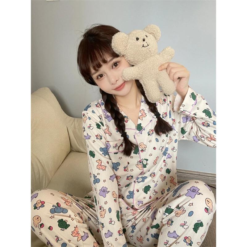 Women's Pajamas New Autumn Spring Long Sleeve Soft Sleepwear Set Grid Cartoon Pyjama Woman Home Nightwear Set Cardigan