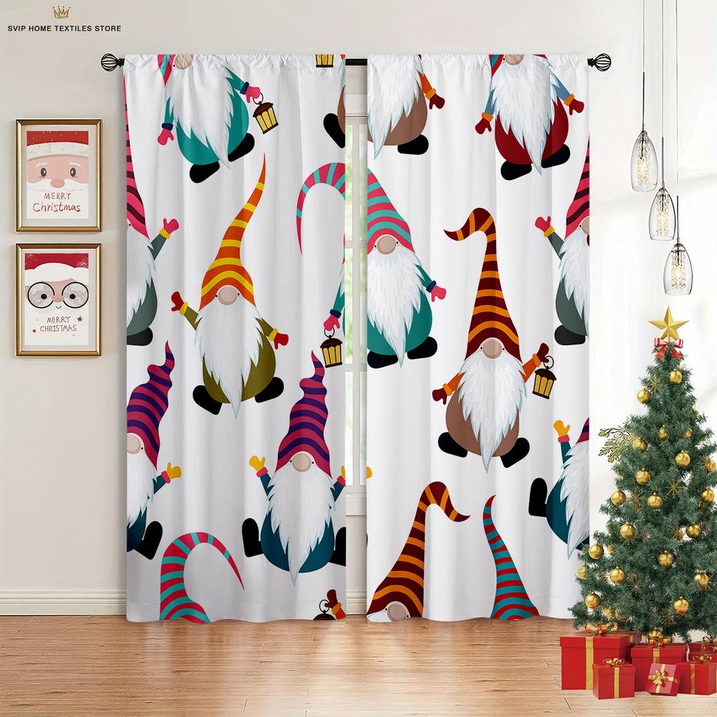 2pcs Cartoon Santa Claus Merry Christmas Printed Curtains Kids Gift Bedroom Restaurant Holiday Party Decorative Curtains