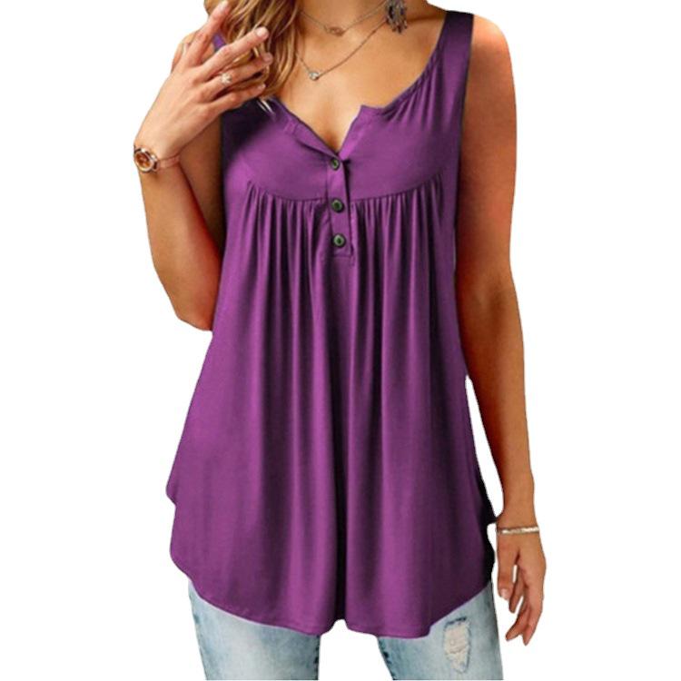 Summer 2020 Women's Solid Color Ruched Sleeveless Casual Mid-Length Button Vest T-Shirt