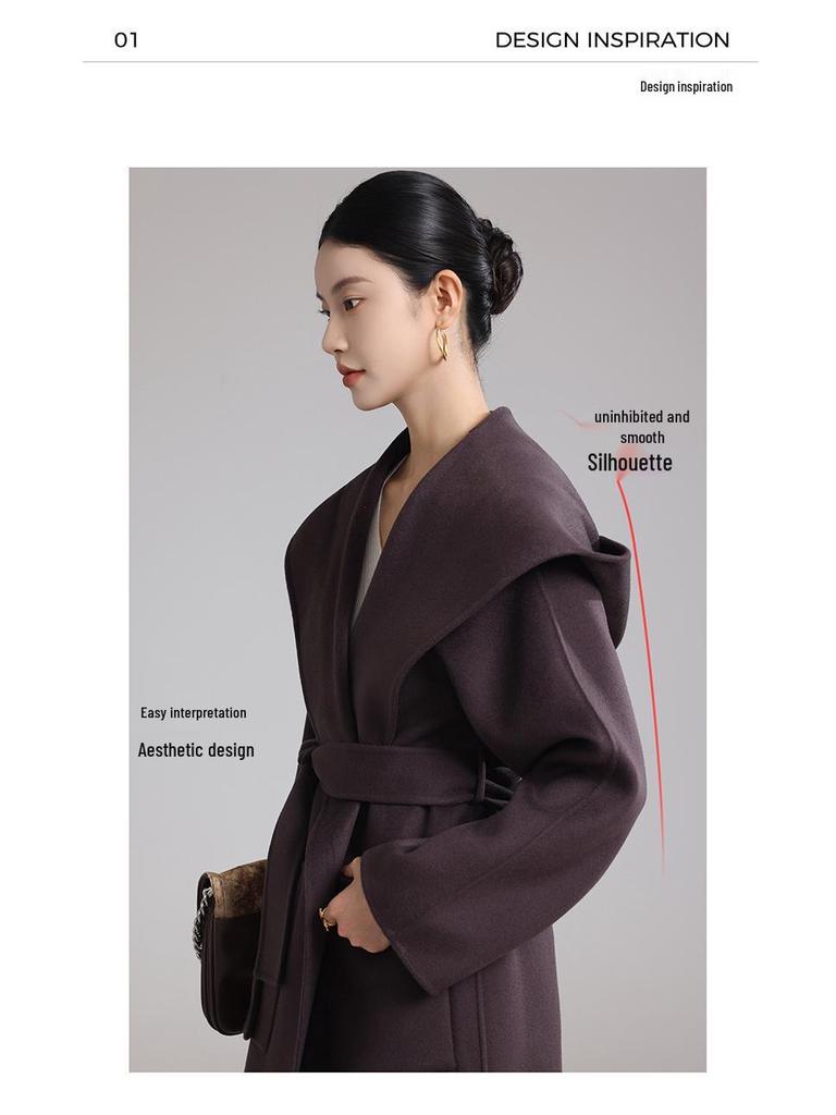 High-End Extra Long Double-Faced Wool Coat: Hooded, Tie-Waist, Light Luxury Casual Silhouette with Cashmere