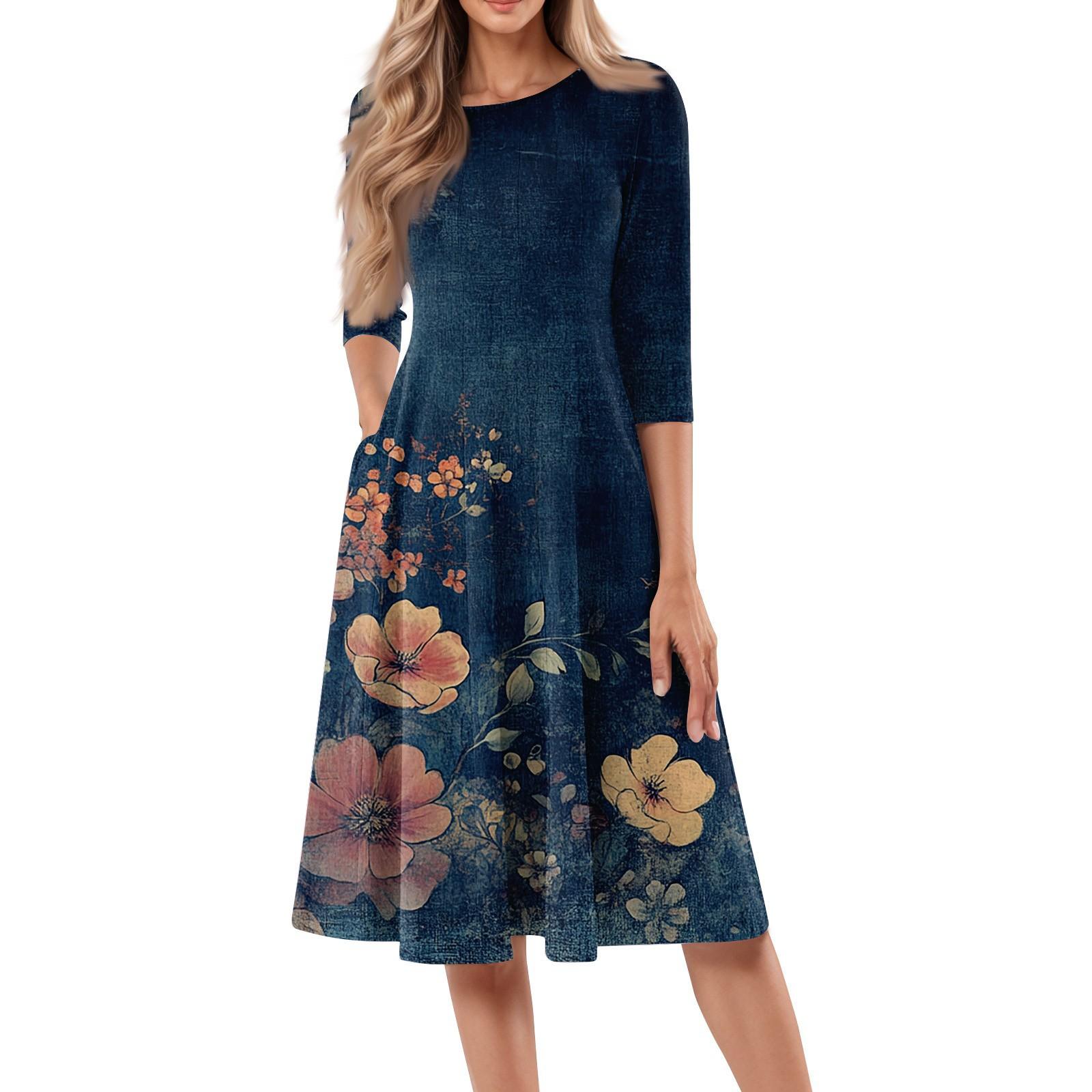 

Жіноча повсякденна модна сукня міді з круглим вирізом і рукавом три чверті з квітковим принтом XXL синій