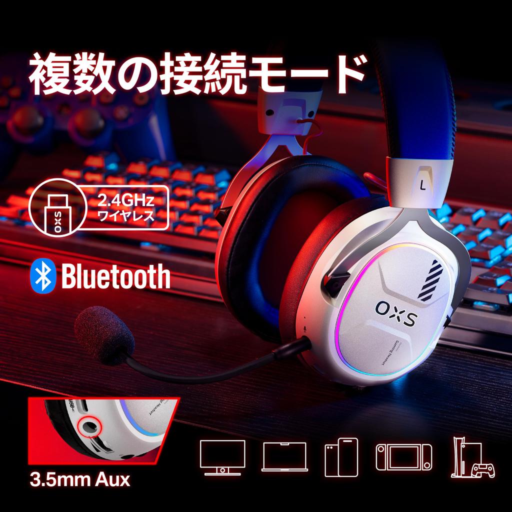 OXS Storm G2 Wireless Gaming Virtual Surround 3 EQ Low 50mm 40H RGB Bluetooth Mobile White Headset, 7.1 Sound, Modes, 2.4G Latency, Drivers, Playtime,