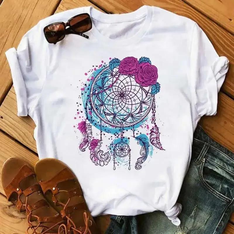 Print T Shirt Fashion Crew Neck Short Sleeve  T Shirt  Fashion Dream Catcher T Shirt Women Harajuku Graphic