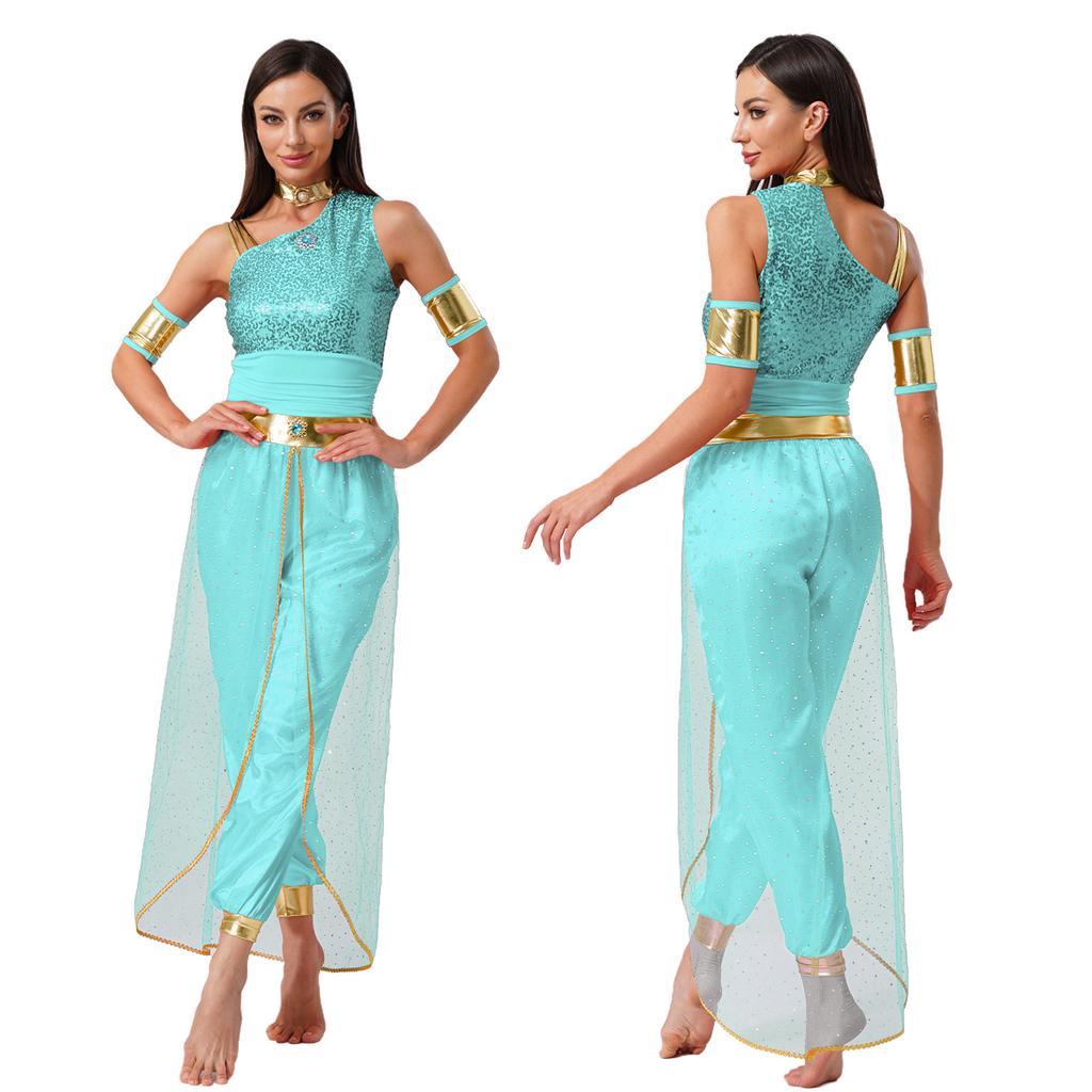 Glänzender Tüll Bauchtanzkostüm für Damen Arabischer Prinzessinnenstil Edelstein Dekor Jumpsuit Halloween Party