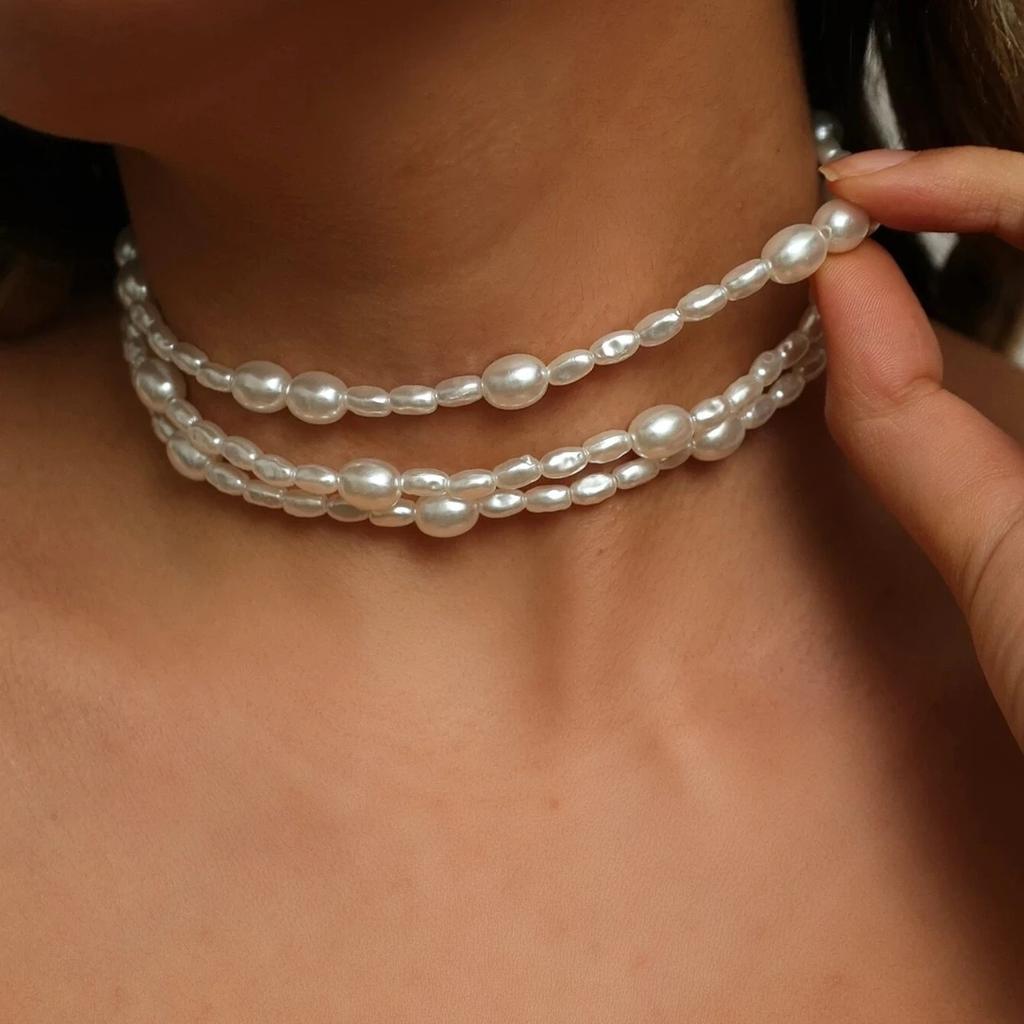 Simple Baroque Imitation Pearl Necklace for Women Men Elegant Handmade Beaded Chain Choker Necklace Wedding Party Jewelry