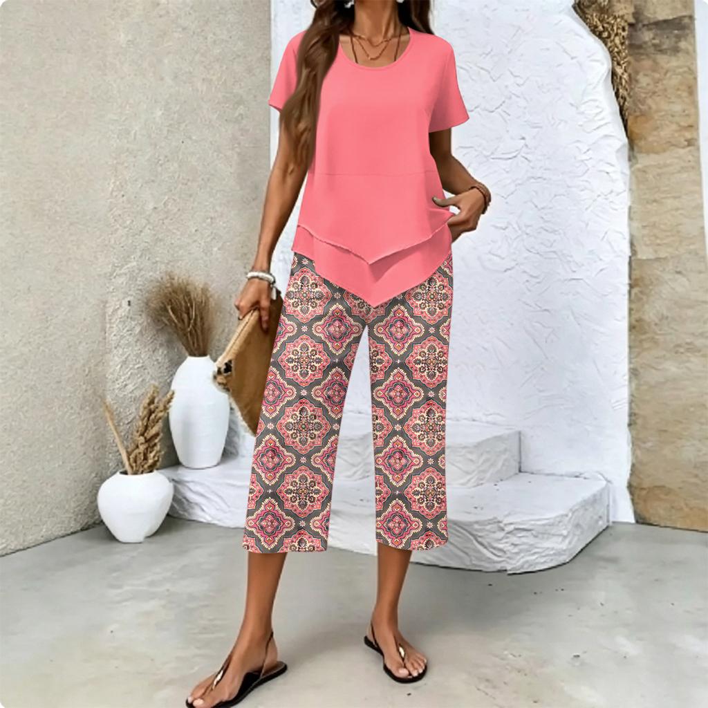 Women Casual Two Piece Set Short Sleeve Round Neck Top with Layered Hem and Printed Cropped Pants Comfortable Summer Outfit