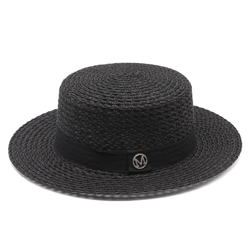 

Summer Outdoor Hat Straw Hat Women S Woven Flat Hat Sun Protection Diamond Top Hat Sun Hat Vietnam Travel Straw Hat M（56-58cm） чорний