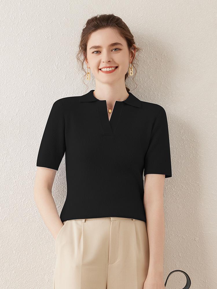 Women's Polo Collar Cashmere Sweater - Slim Fit, Short, Five-Sleeve, Gentle Style for Spring & Autumn.