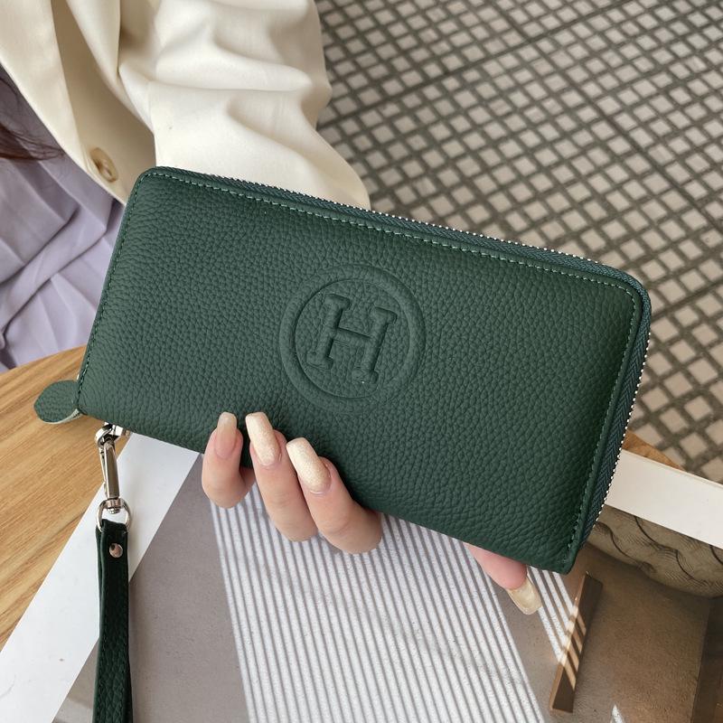 

Женский кошелек из натуральной кожи 2025: Большая вместимость, несколько слотов для карт, клатч-браслет на молнии, держатель для телефона. зелёный
