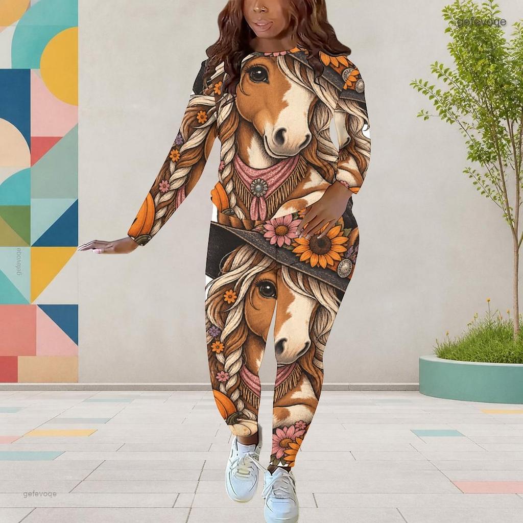 Women Plus Size Round Neck Long Sleeve Skeleton Printed Top Fitted Pants Two Piece Set