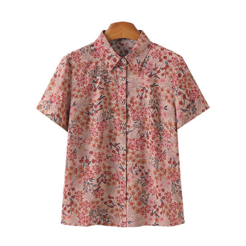 Mom's Mulberry Silk Floral Shirt - Short-Sleeve, Loose Fit for Mid-Aged Women