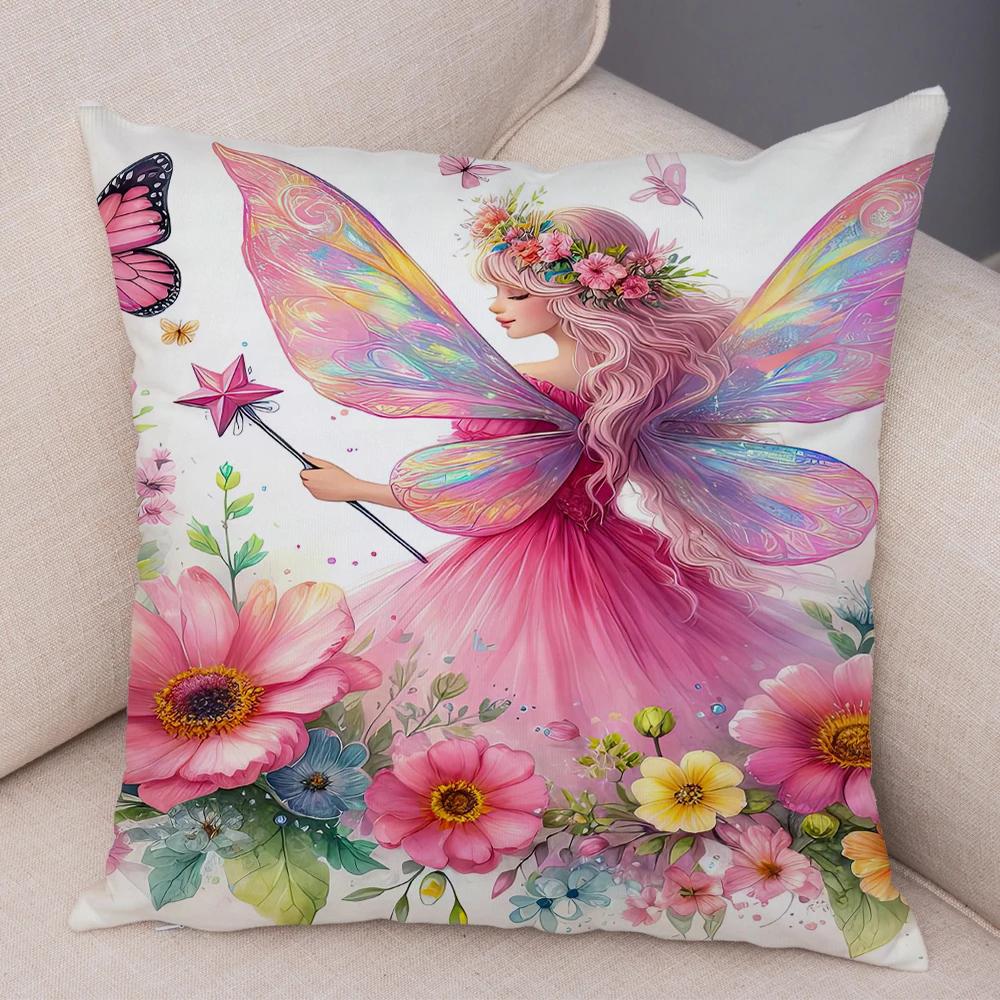Niedlicher Cartoon Waldmädchen Elfen Kissenbezug Doppelseitig bedruckter Kissenbezug Deko für Sofa Zuhause Superweicher Plüsch Kissenbezug 40x40cm