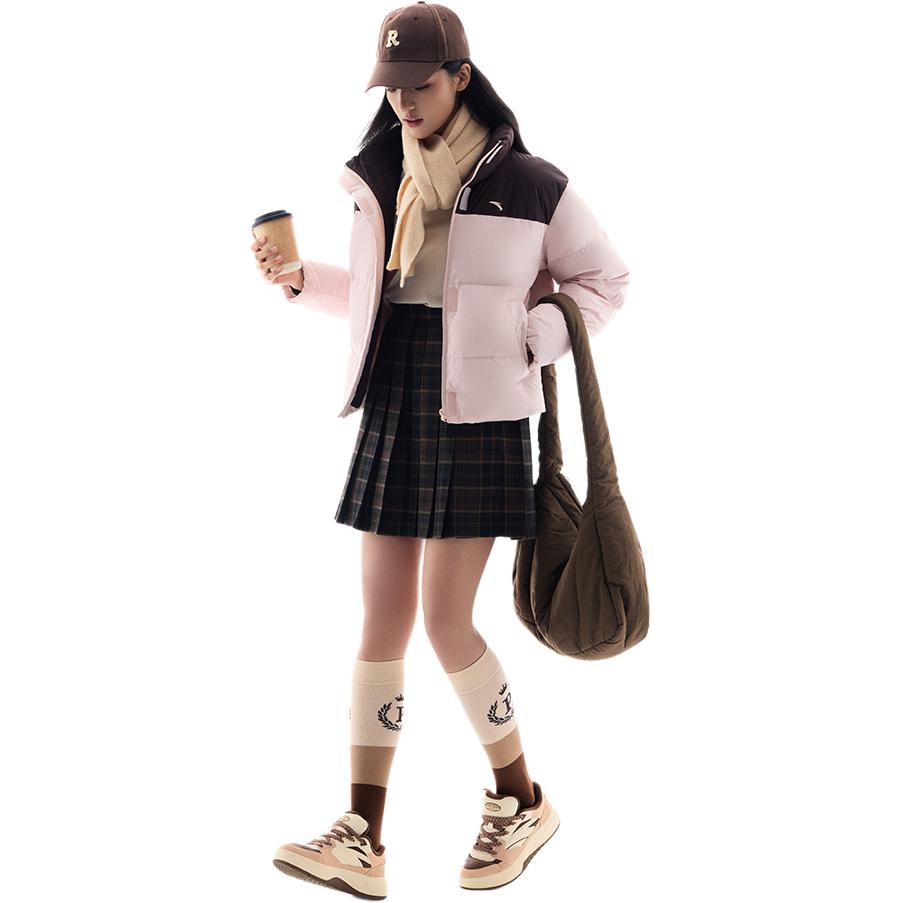 Anta Bequeme Lässige Farbblock Stehkragen Reißverschluss Warme Daunenjacke Damen Oberbekleidung Ebenholzbraun Winterrosa 962447907-3