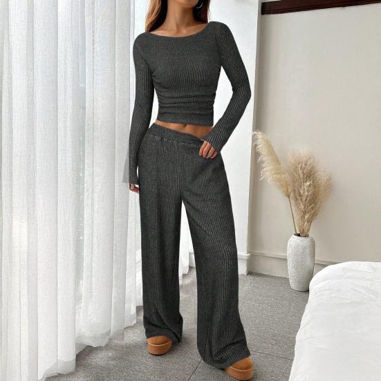 Women's 2 Piece Outfits Fall Casual Boat Neck Long Sleeve Ribbed Top Wide Leg Pants Matching Lounge Set