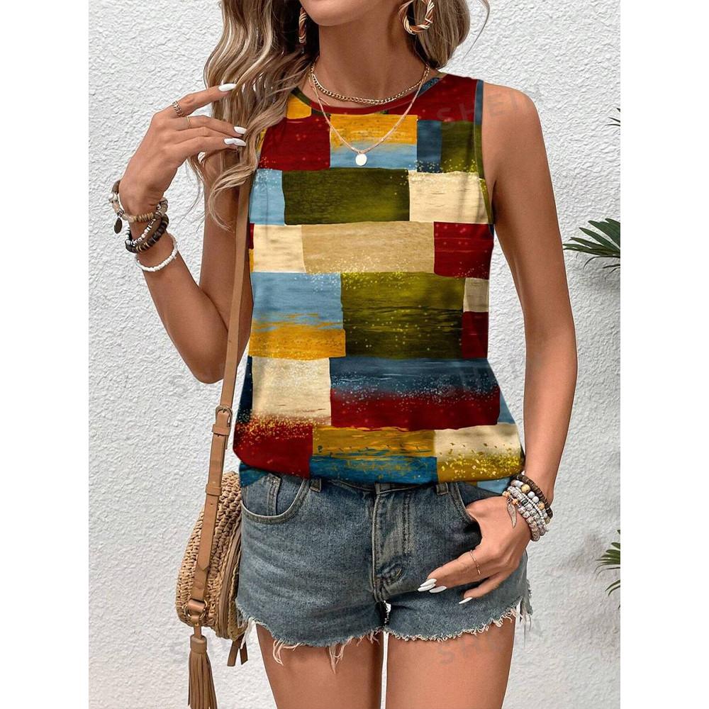 Summer color splicing 3D printing women's fashionable O-neck vest