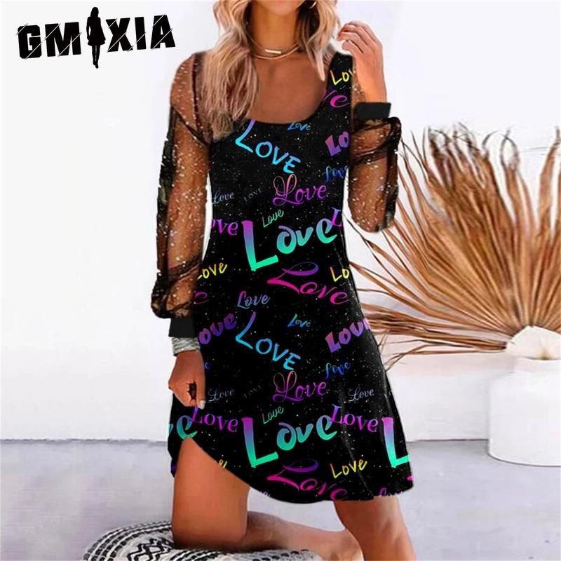 GMXIA Women's Fashion Spring Autumn Solid Color Print Long Sleeve U-Neck High Waist Casual Dresses