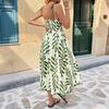 Summer New Style Light and Fresh Seaside Vacation Style Halter Dress with A Fitted Waist and Green Leaf Print Dress